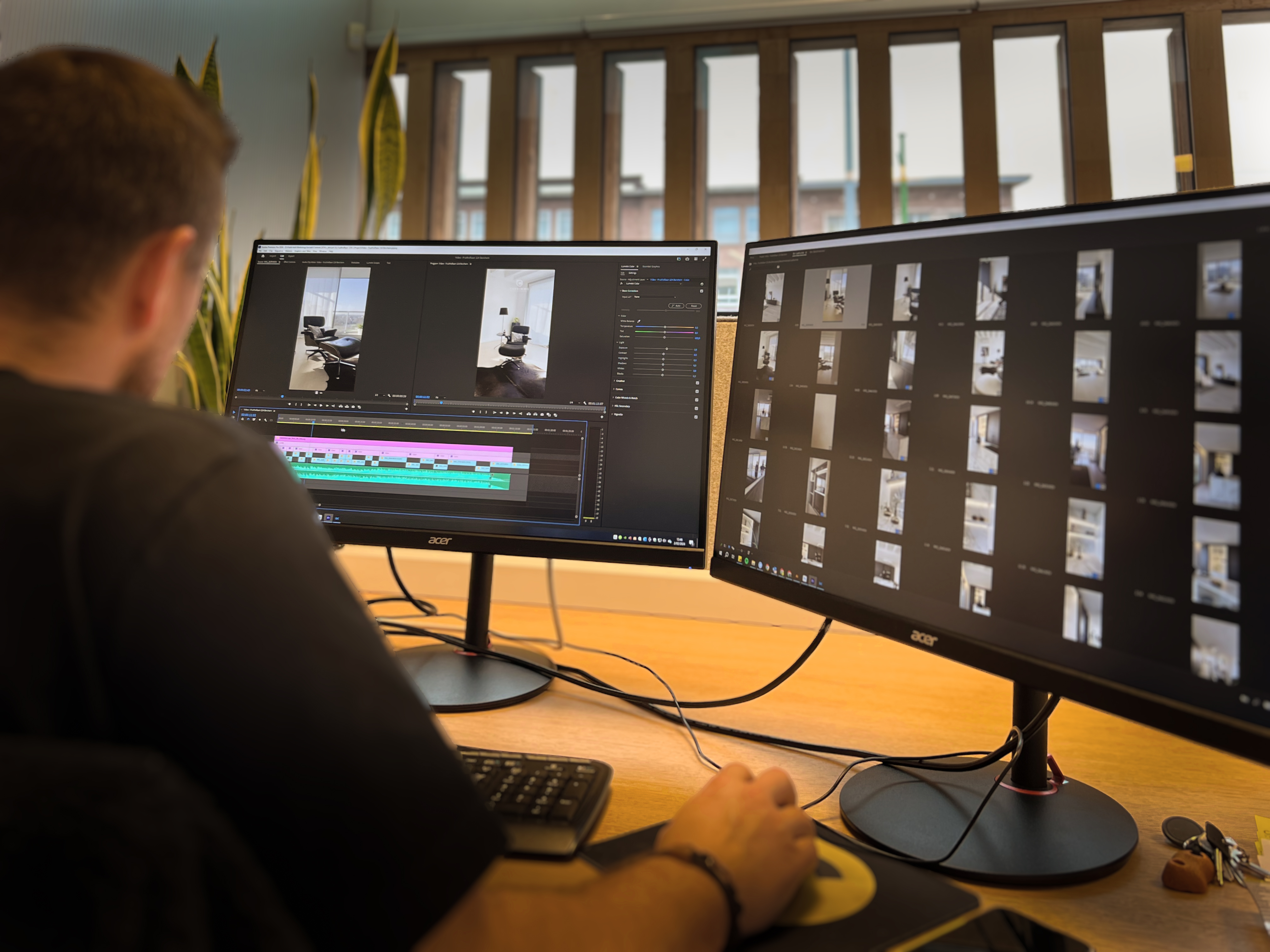 Werknemer achter computer met videobewerkingsprogramma